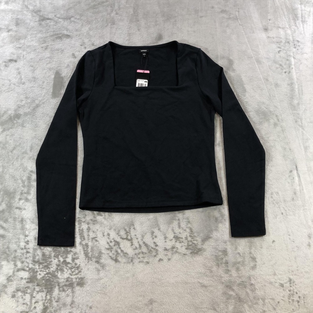 Express Shirt Womens Small Black Square Neck Long Sleeve Stretch Top Basic